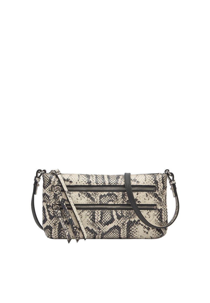 Sac bandoulière imprimé python en beige et noir, doté de deux poches zippées à l'avant et d'une sangle amovible avec des accents décoratifs.