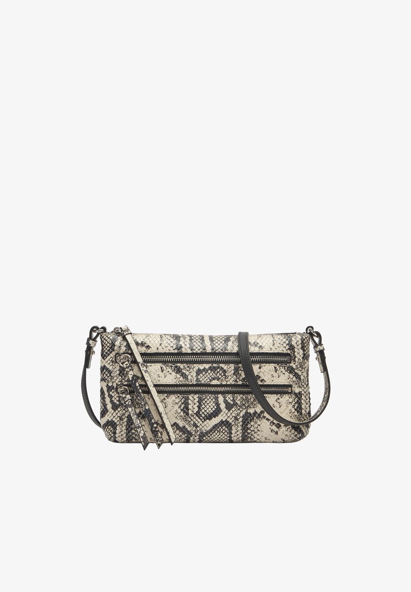 Sac bandoulière imprimé python en beige et noir, doté de deux poches zippées à l'avant et d'une sangle amovible avec des accents décoratifs.