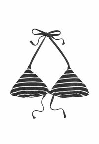 Top bikini triangolo a righe bianche e nere con un tessuto testurizzato, sottili lacci per la regolazione e una cucitura arricciata lungo i bordi.
