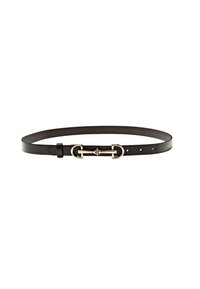 Ceinture en cuir noir avec une boucle dorée au ton or dotée d'un design en boucle, texture lisse et plusieurs trous de réglage.
