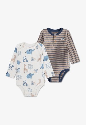 To baby bodystockings med lange ærmer, den ene hvid med blå og beige dyreprints, den anden beige med marineblå striber og knapper på brystet.