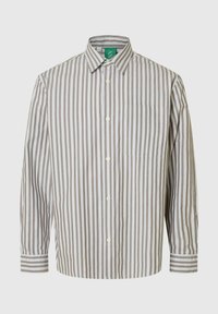 Lett, langermet skjorte i beige med hvite vertikale striper, med klassisk krage og brystlomme.