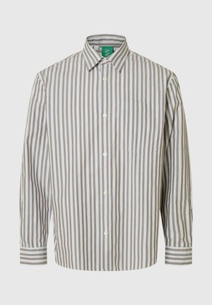 Lekka koszula z długim rękawem na guziki w kolorze beżowym z białymi pionowymi paskami, z klasycznym kołnierzem i kieszenią na piersi.
