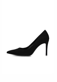 Scarpa con tacco a stiletto nera in suede, design a punta, texture liscia e silhouette snella. Altezza: circa 10 cm.