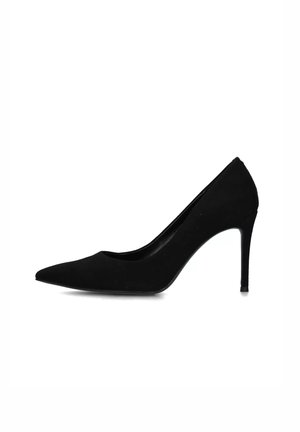 Scarpa con tacco a stiletto nera in suede, design a punta, texture liscia e silhouette snella. Altezza: circa 10 cm.
