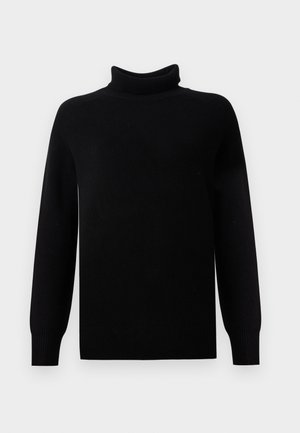 Crna turtleneck džemperica izrađena od mekog pletiva. Ima duge rukave i rebraste detalje na ovratniku, manžetama i donjem rubu.