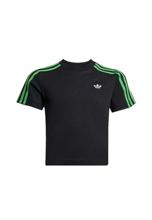 Black short-sleeve t-shirt made of cotton with green three-stripe design on shoulders and a white logo on the chest. Classic crew neckline.