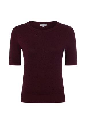 Dunkellila kurzärmeliges Stricktop mit kleinen Perlenverzierungen, geripptem Saum und Bündchen sowie rundem Halsausschnitt.