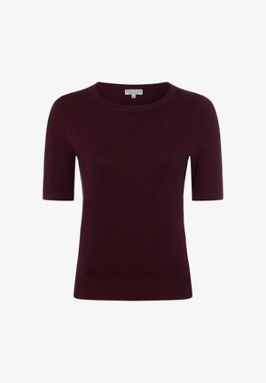 Dunkellila kurzärmeliges Stricktop mit kleinen Perlenverzierungen, geripptem Saum und Bündchen sowie rundem Halsausschnitt.