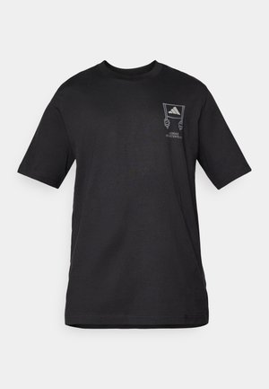 Black short-sleeve T-shirt with a small gray graphic of hands holding a flag and "Adidas Sportswear" text on the left chest.