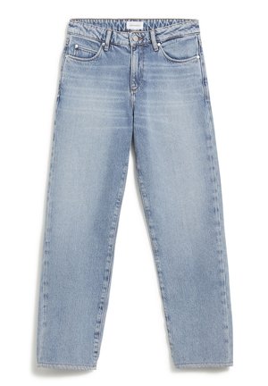 Light blue high-waist straight-leg jeans with front button and zip closure, belt loops, and five-pocket design.