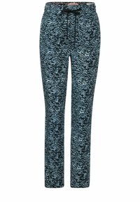 Pantaloni blu e bianchi con motivo, cintura elastica, chiusura con coulisse e design a gamba dritta aderente. Tessuto morbido e testurizzato.