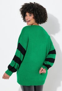 Maglione lavorato a maglia verde con audaci strisce nere sulle maniche, vestibilità comoda e polsini e orlo a coste. Struttura liscia in tutto il capo.
