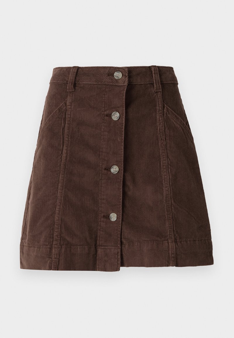 Gonna A-line in corduroy marrone con chiusura frontale a bottoni e tasche laterali, dotata di passanti per cintura e dettagli di cuciture verticali.