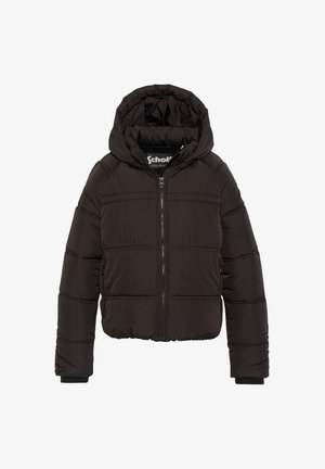 Schwarze Steppjacke mit Kapuze, ausgestattet mit einem Frontreißverschluss, gepolstertem Design und gerippten Bündchen. Hergestellt aus synthetischem Material mit gesteppter Textur.