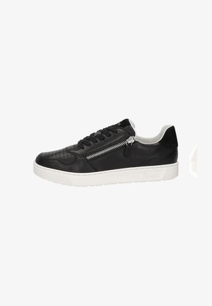 Black leather sneaker with perforated toe, white rubber sole, contrasting zipper detail, and black suede accents on the heel and tongue.