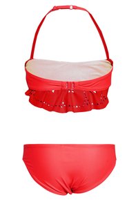 Conjunto de biquíni vermelho com parte de cima franzida e detalhes recortados, alças ajustáveis e parte de baixo vermelha sólida. Feito de um tecido liso e elástico.