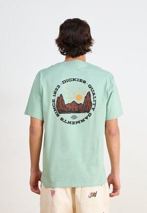 Camiseta de algodón verde menta con un gráfico de montañas y un sol en la parte posterior, con texto circular negro alrededor del diseño. Mangas cortas, corte relajado.