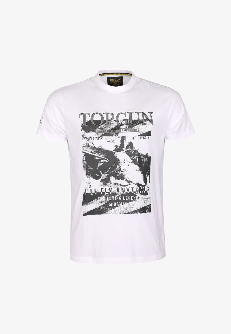 Biała koszulka z czarną grafiką myśliwca i napisem "TOP GUN" oraz współrzędnymi i hasłem "POLECĘ WSZYSTKIM".