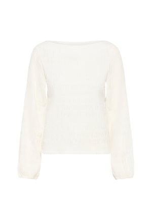Kremowa bluzka z długim rękawem z teksturowanego materiału, z dekoltem w łódkę i lekko bufkowanymi rękawami ściąganymi na nadgarstkach.