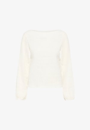 Kremowa bluzka z długim rękawem z teksturowanego materiału, z dekoltem w łódkę i lekko bufkowanymi rękawami ściąganymi na nadgarstkach.