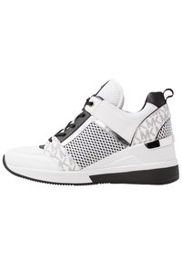 White and black athletic shoes featuring a mesh upper, padded collar, and textured accents, with a flat rubber sole and lace-up design.