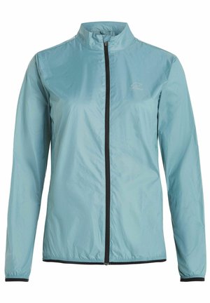 Jasnoniebieska kurtka przeciwdeszczowa wykonana z lekkiego materiału. Posiada wysoki kołnierz, zamek błyskawiczny na całej długości oraz czarne akcenty wzdłuż zamka i mankietów.
