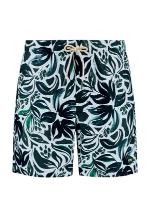 Moške kopalke z zeleno in črno cvetličnim vzorcem na belem ozadju, elastični pas z vrvico in majhnim logotipom.