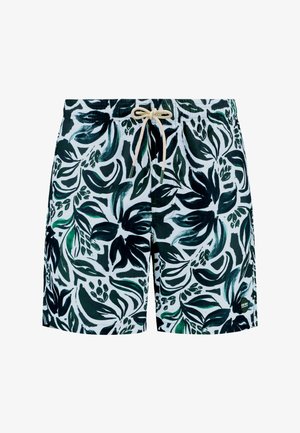 Zwemshorts voor heren met een groen en zwart bloemmotief op een witte achtergrond, elastische tailleband met trekkoord en een klein logodetail.