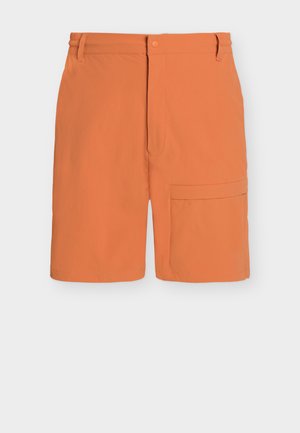 Pomarańczowe krótkie spodenki do kolan z zapięciem na guzik i zamek błyskawiczny, szlufkami na pasek oraz dużą boczną kieszenią na prawej nogawce.