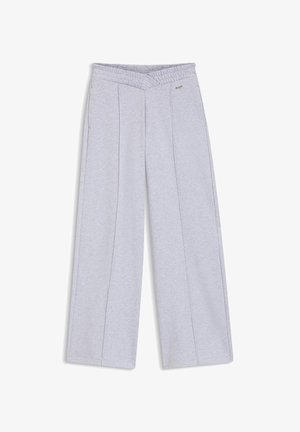 Hellgraue Hosen mit weitem Bein, elastischem Bund und dezenten vertikalen Nähten, mit einem kleinen "hugo"-Logo auf der rechten Seite.