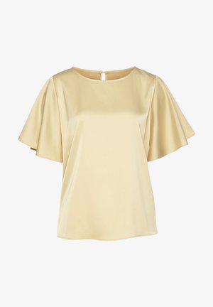 Beige Satinbluse mit breiten flatternden Ärmeln und rundem Ausschnitt, mit kleinem Schlüsselloch- und Knopfverschluss auf der Rückseite.