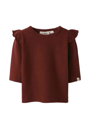 Donkerrood shirt voor peuters met lange mouwen, een ronde hals en kleine gerimpelde schouderdetails, gemaakt van zachte stof.