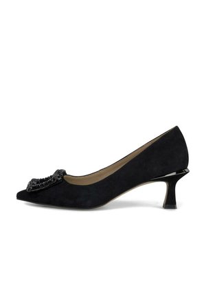 Schwarze Wildlederschuhe mit spitzer Zehenform und dekorativem schwarzen Perlenakzent. Verfügt über einen niedrigen, ausgestellten Absatz und eine glatte Innenauskleidung.