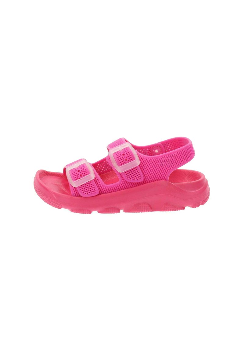Sandali rosa brillante realizzati in gomma testurizzata, caratterizzati da due cinturini regolabili con fibbie quadrate in plastica e una soletta imbottita.
