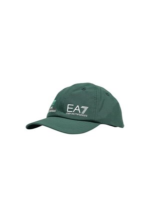 Cappellino da baseball verde scuro con scritta bianca "EA7 Emporio Armani" e piccolo logo sul lato anteriore destro.