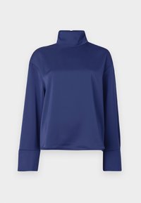 Maglietta a maniche lunghe blu navy con colletto alto. Realizzata in tessuto morbido, presenta maniche raglan e orli cuffiati. Design semplice e privo di decorazioni.