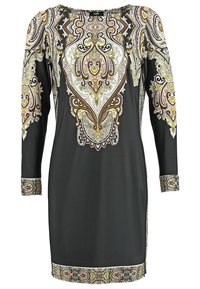 Robe noire à manches longues avec des motifs cachemire complexes en or, blanc et marron sur la poitrine, les manches, les poignets et l'ourlet.