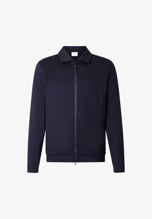 Veste à manches longues bleu marine avec fermeture éclair sur le devant, col pointu et une poche poitrine unique sur le côté gauche.