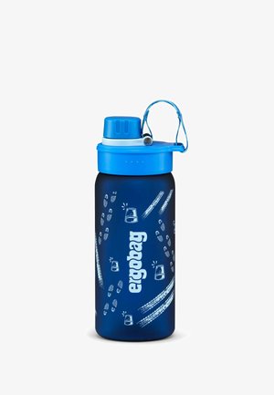 Blue water bottle with a textured, dark blue body and light blue cap. Features white graphics and a handle for easy carrying.