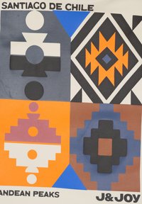 Art graphique mettant en avant des motifs géométriques dans des couleurs vives : orange, noir, bleu, marron et blanc. Le texte en bas comprend "Santiago du Chili" et "J&JOY."