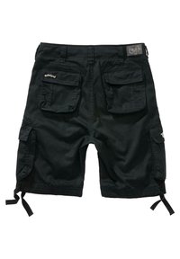 Cargo shorts i svart bomullsstoff, med to baklommer, justerbare snor detaljer nederst, og et logomerke på midjen.
