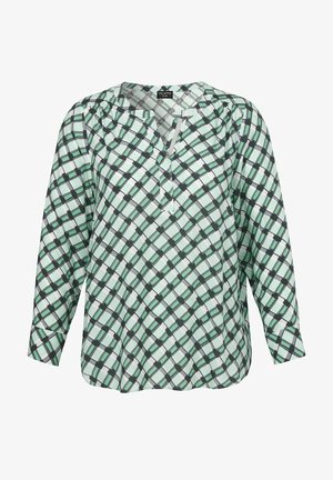 Blouse met lange mouwen in een groen-zwart geruit patroon, V-hals met gedeeltelijke knoopsluiting en geplooide schouderdetails.