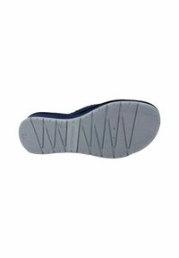 Suola in gomma grigia con superficie texture e motivo a zigzag. Branding visibile sul tallone. Sezione superiore blu scuro non mostrata.