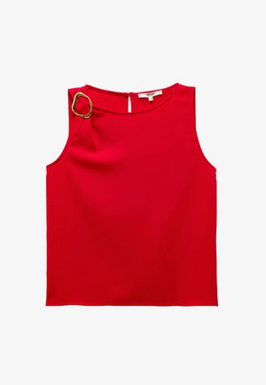 Rød ærmeløs top med en rund halsudskæring og et guldankeret på venstre skulder. Glat stof med en lynlås i ryggen.