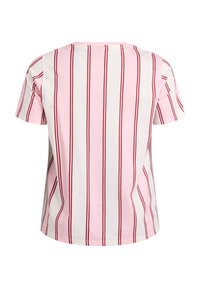 Short-sleeve T-shirt with a round neck, featuring vertical pink and red stripes on a white background. Made of lightweight cotton fabric.