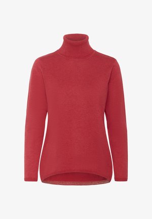Red turtleneck sweater made of soft fabric, featuring long sleeves, a ribbed neck, and a curved hem. No patterns or visible hardware.