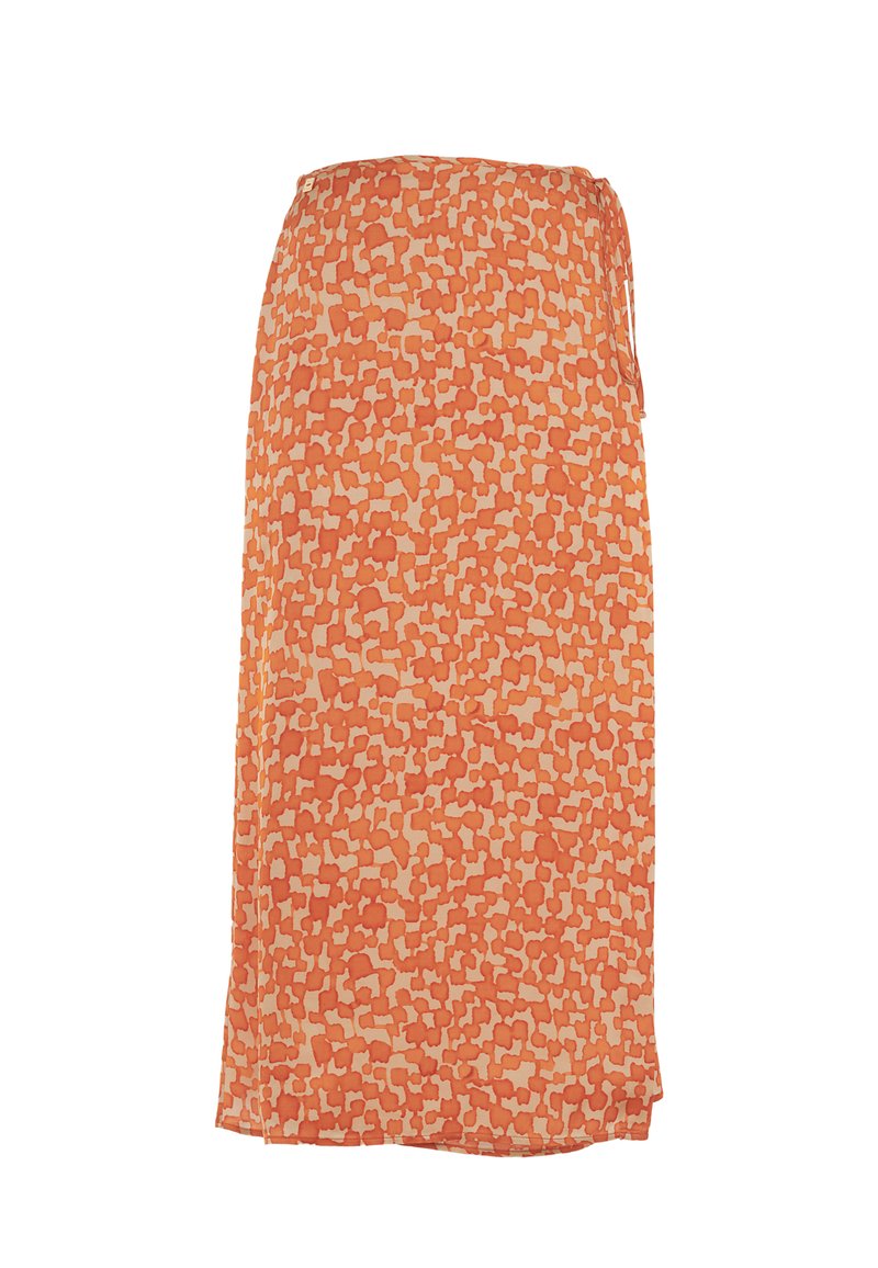 Gonna arancione con un motivo astratto beige, realizzata in tessuto leggero con una texture liscia e una vita elastica per il massimo comfort.