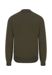 Kardigan w kolorze oliwkowej zieleni, wykonany na drutach, z długimi rękawami, kołnierzem, ściągaczami przy mankietach i dole. Gładka faktura, bez widocznych wzorów i ozdób.