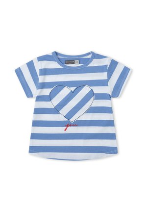 Camiseta para niño pequeño de rayas horizontales azul y blanco con un diseño de corazón y la palabra "your" bordada en rojo debajo del corazón.